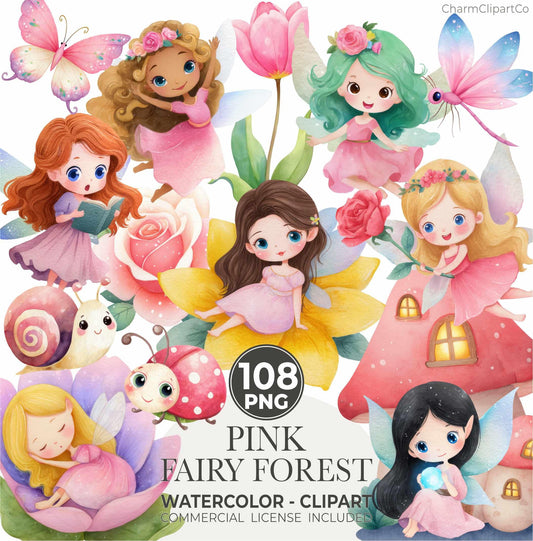 Watercolor Pink Fairy Clipart Bundle – Forest Garden PNG for Scrapbooking & Invitations