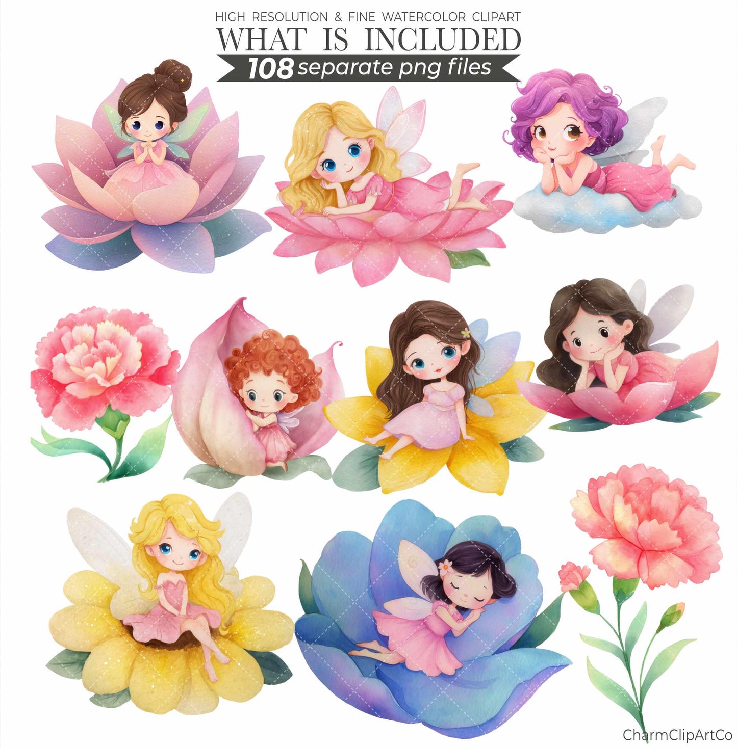 Watercolor Pink Fairy Clipart Bundle – Forest Garden PNG for Scrapbooking & Invitations