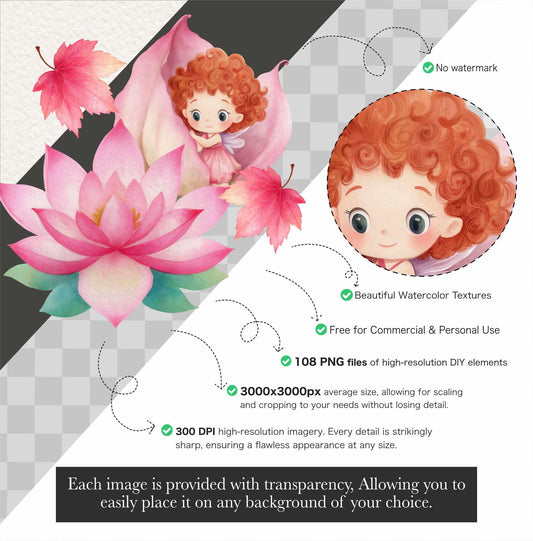 Watercolor Pink Fairy Clipart Bundle – Forest Garden PNG for Scrapbooking & Invitations
