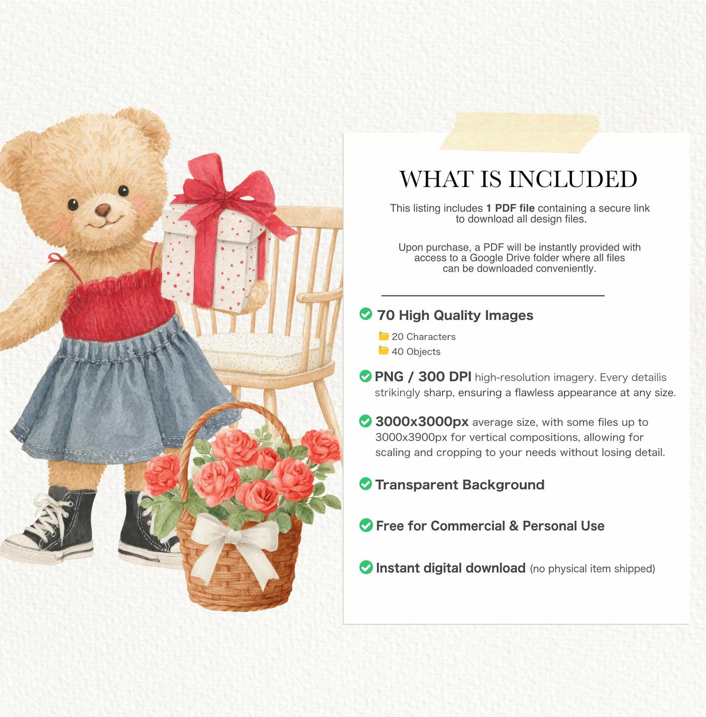 Watercolor Valentine Teddy Bears Clipart, Cute Watercolor Love Bear PNG, Romantic Nursery Clipart, Baby Shower, Digital Download