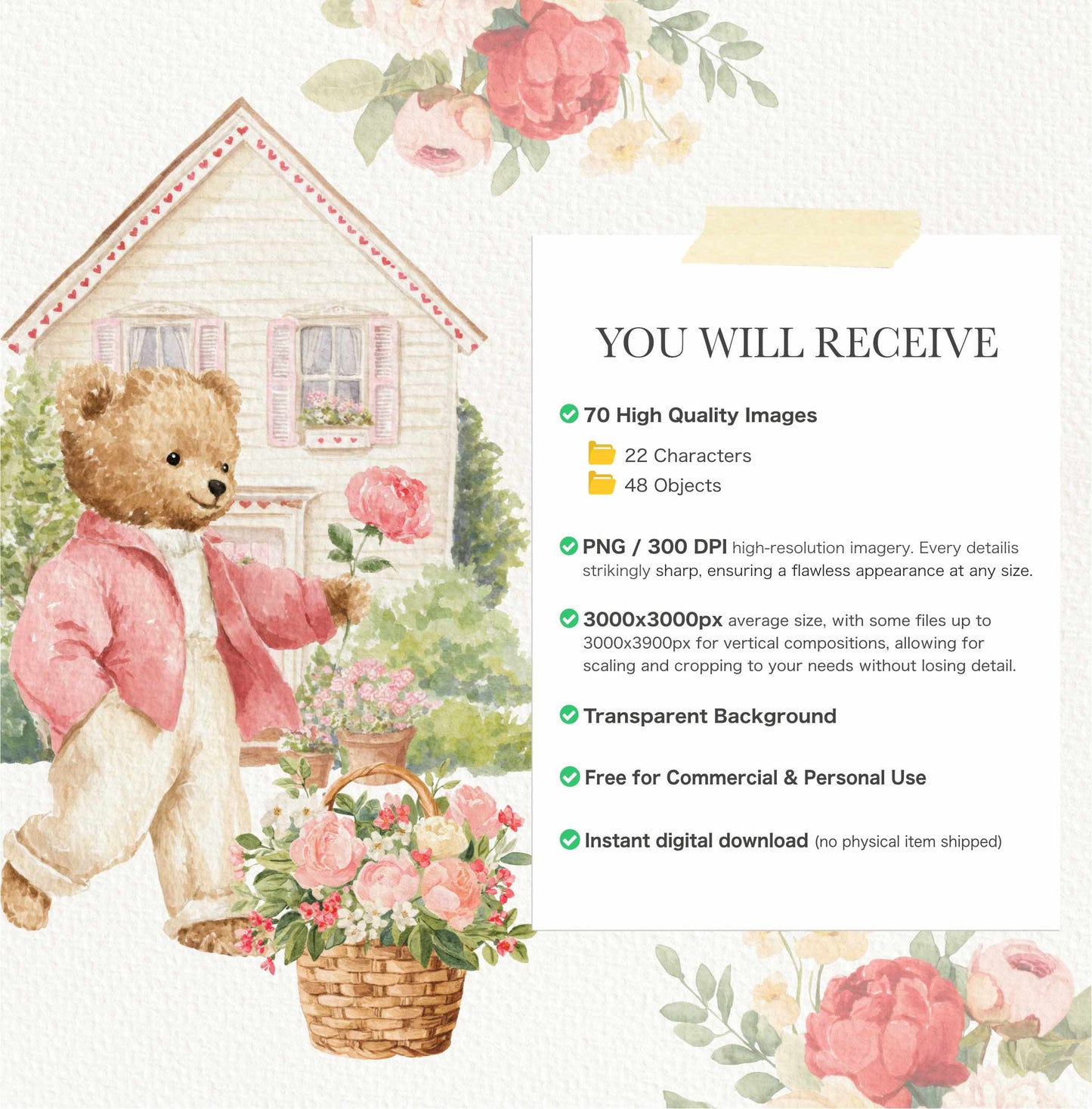 Pastel Valentine Teddy Bears Clipart, Cute Watercolor Love Bear PNG, Romantic Nursery Clipart, Baby Shower, Digital Download