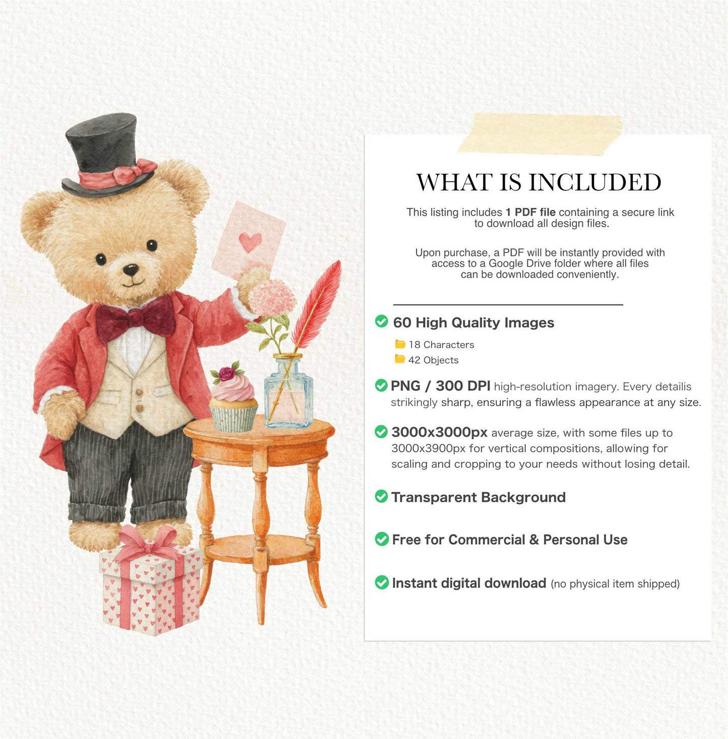 Watercolor Romantic Classics Teddy Bears Clipart, Valentine's Day Clipart, Cute Bears PNG, Love Clipart, Baby Shower, Nursery PNG, Digital