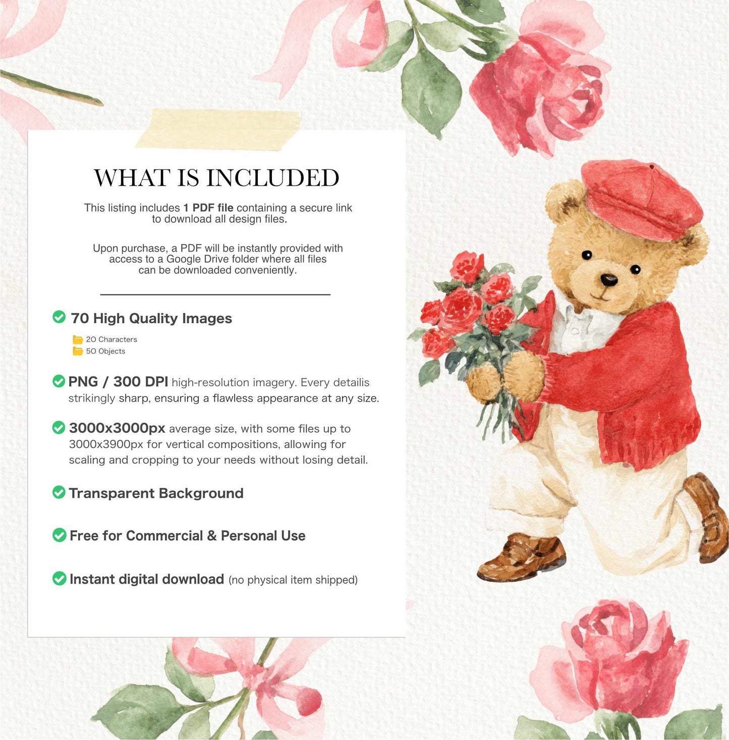 Red Valentine Teddy Bears Clipart, Cute Watercolor Love Bear PNGs, Romantic Nursery Clip Art, Baby Shower, Digital Download