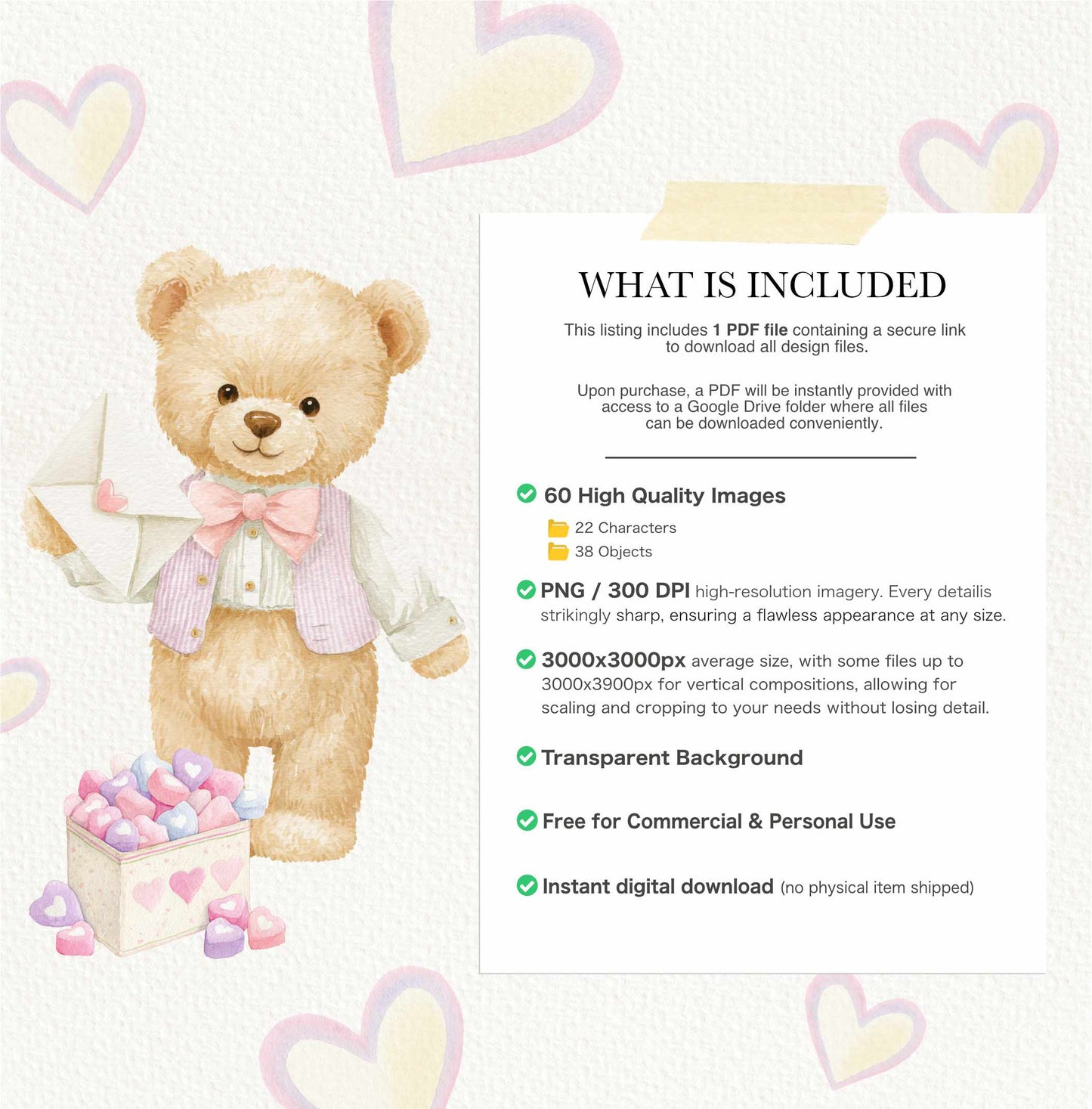 Valentine’s Day Teddy Bears Clipart, Romantic Watercolor Bears PNG, Cute Love Clipart, Nursery Decor, Baby Shower Digital Set